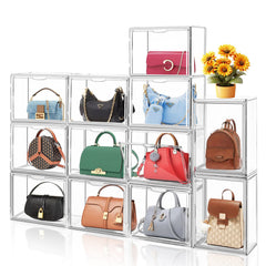 10 PCS X-Large Clear Handbag Storage Organizer Purse Organizer for Closet Acrylic Shoe Display Case Stackable Stackable Shoe Storage Boxes with Magnetic Door for Book, Makeup,Collectibles