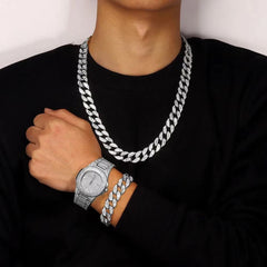 Hip Hop Iced Out Chain Necklace+Watch+Bracelet Set Men Cuban Link Chain New Rhinestone Necklace for Men Jewelry Watch Gift