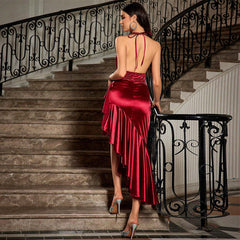 Middle East Women Clothing Sexy Backless Spaghetti Straps Sleeveless Red Slimming Irregular Asymmetric Evening Maxi Dress