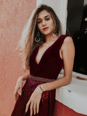 Burgundy Velvet Bodice Sequin Gown
