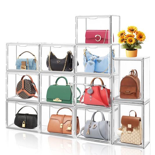10 PCS X-Large Clear Handbag Storage Organizer Purse Organizer for Closet Acrylic Shoe Display Case Stackable Stackable Shoe Storage Boxes with Magnetic Door for Book, Makeup,Collectibles