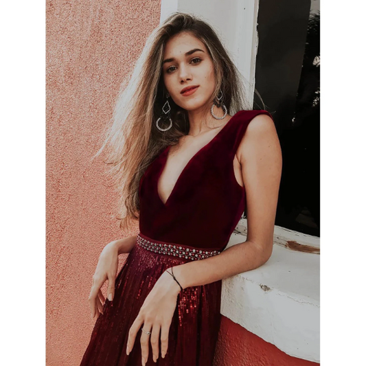 Burgundy Velvet Bodice Sequin Gown