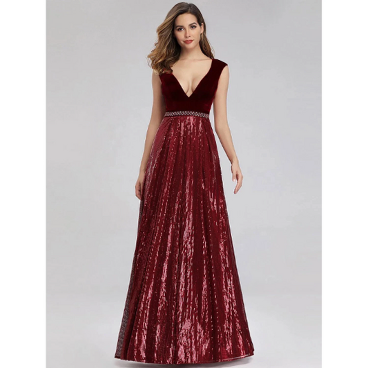 Burgundy Velvet Bodice Sequin Gown