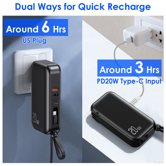 10000mAh Portable Charger with US Plug 3 Inbuilt Cables PD20W QC18W Fast Charging Power Bank with 5 Outputs External Battery Pack Fit For IOSPhone 14 Android And More