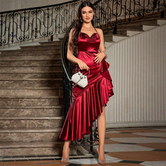 Middle East Women Clothing Sexy Backless Spaghetti Straps Sleeveless Red Slimming Irregular Asymmetric Evening Maxi Dress