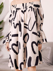 Plus Size Off Shoulder Ruffle Sleeve Geometric Print Midi Dress; Women's Plus Casual Midi Dress