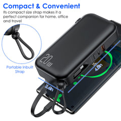 10000mAh Portable Charger with US Plug 3 Inbuilt Cables PD20W QC18W Fast Charging Power Bank with 5 Outputs External Battery Pack Fit For IOSPhone 14 Android And More