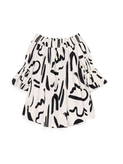 Plus Size Off Shoulder Ruffle Sleeve Geometric Print Midi Dress; Women's Plus Casual Midi Dress