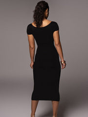 Low Cut Ribbed Boat Neck Dress; Solid Color Body Wrap Dress; Women's Dresses