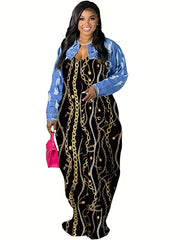 Plus Size Casual Dress; Women's Plus Chain Print V Neck Medium Stretch Cami Maxi Dress
