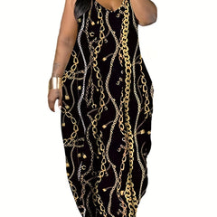 Plus Size Casual Dress; Women's Plus Chain Print V Neck Medium Stretch Cami Maxi Dress
