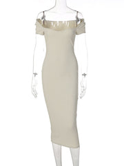 Low Cut Ribbed Boat Neck Dress; Solid Color Body Wrap Dress; Women's Dresses